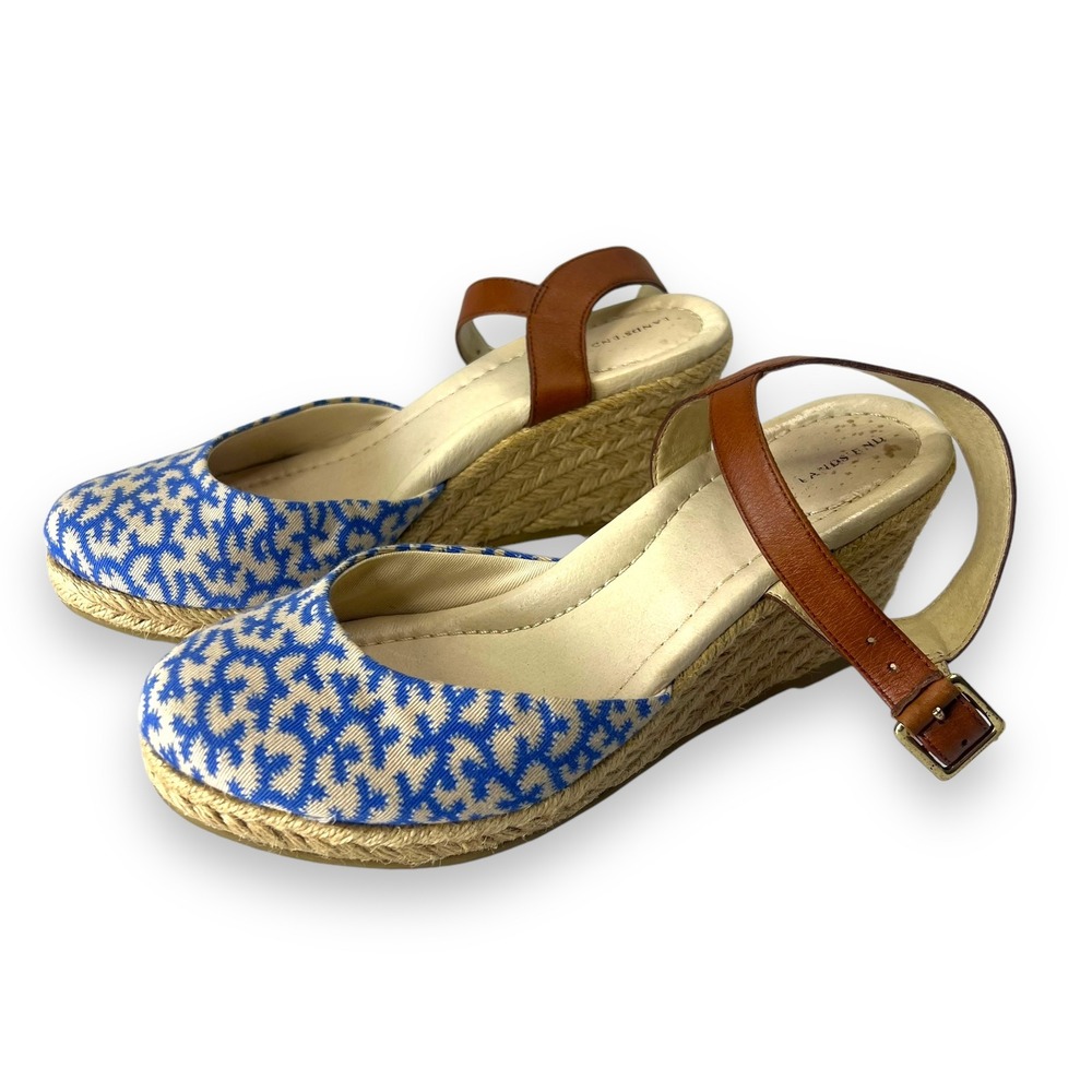 Lands' End Cara Espadrille Wedge Slingback Sandals Ankle Strap Blue Cream Size 7